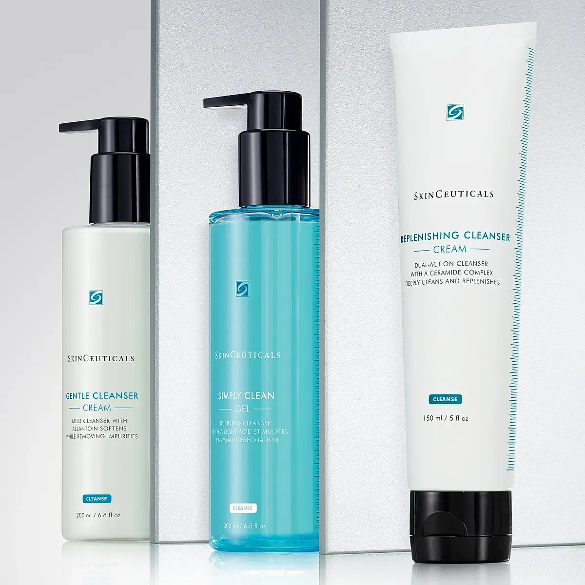 SkinCeuticals cleanser products on reflective surface.