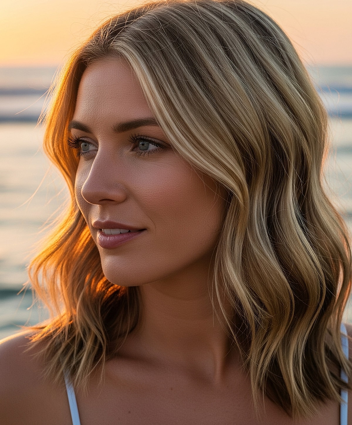 Smiling woman in white dress by a pool.