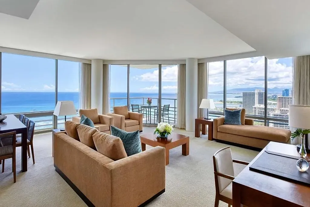 Stylish living room with ocean view.