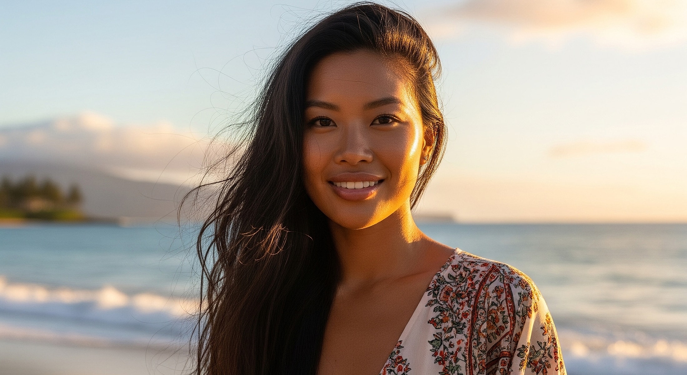 Smiling woman by the beach at sunset.